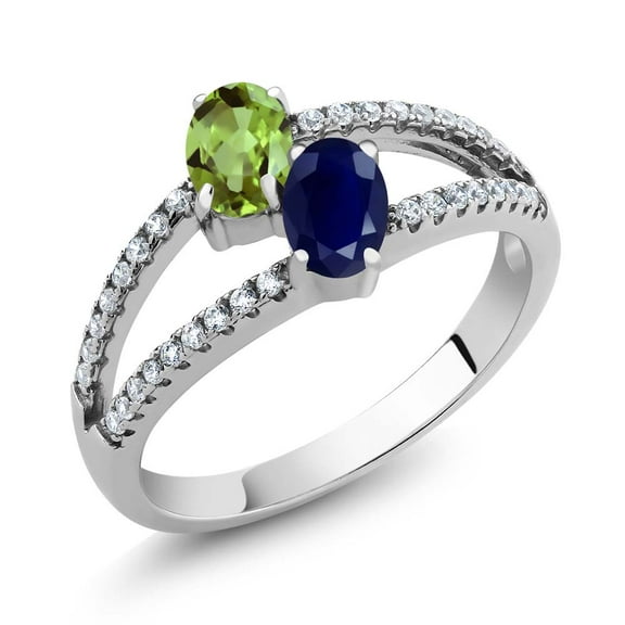 Gem Stone King 925 Sterling Silver Green Peridot and Blue Sapphire Two Stone Ring for Women (1.46 Cttw, Gemstone Birthstone) (Size 5)