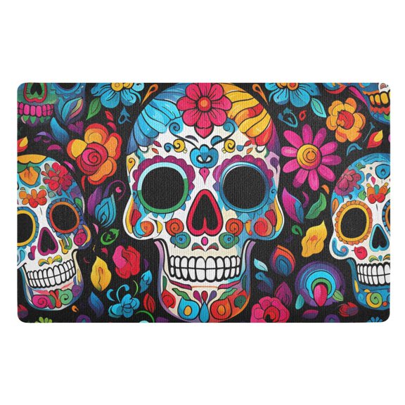 JSTEL Sugar Skull Day Of Dead Front Door Mat Outside Entrance 32x20 Inch Doormat for Outdoor Indoor Washable Non Slip Floor Mats