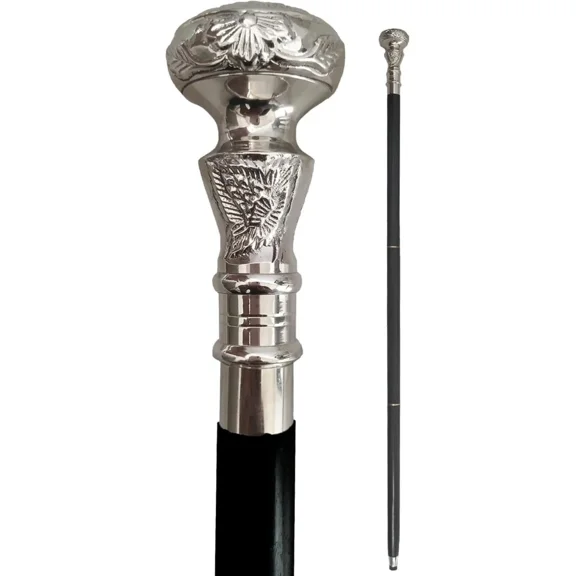 Vintage Antique Wooden Walking Cane – Silver Brass Knob Handle – Stylish Walking Stick Gift for Men & Women – Classic Wooden Cane