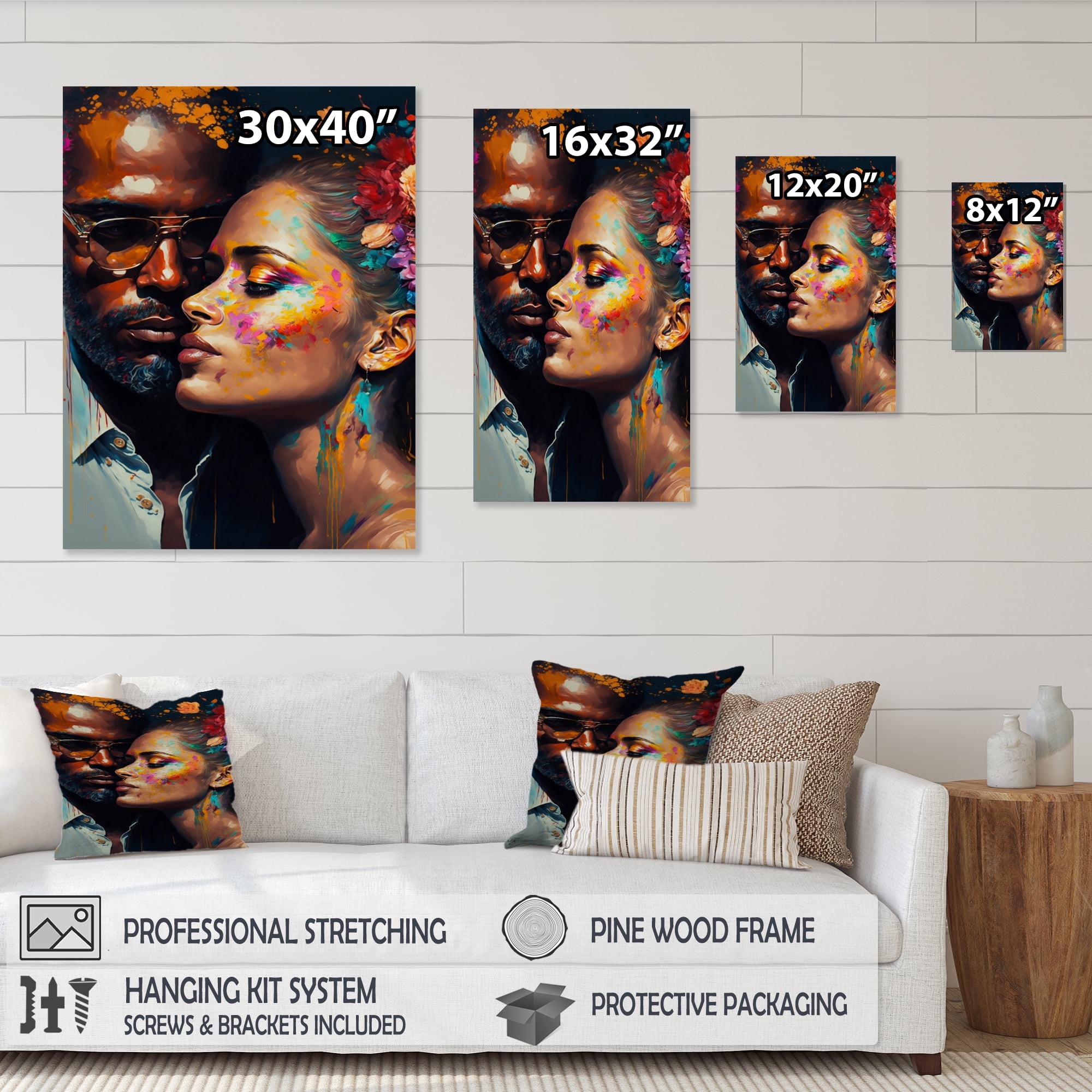 Designart Loving Couple Kissing Floral Design IV Canvas Wall Art
