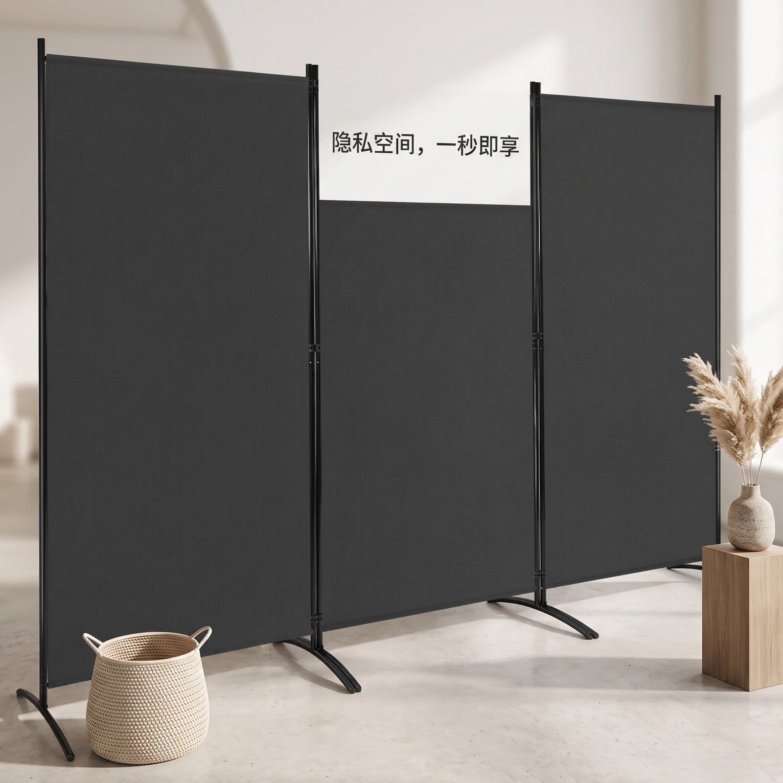 ALPULON 3-Panel Room Divider Folding Privacy Screen, 6 FT Freestanding Partition Panel Screen with Durable Hinges and Steel Base for Office, Bedroom, Home Decor, Black