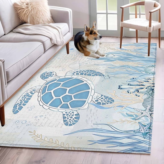 Area Rugs 2.7'x5', Blue Turtle Coastal Carpet for Living Room Bedroom Dining Room, Coral Summer Beach Nautical Ocean Blue Throw Kitchen Rugs Non Slip Washable Rectangle Indoor Outdoor Rugs