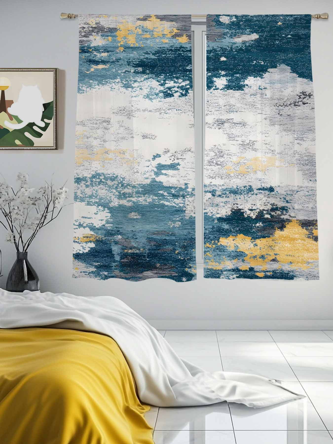 Navy Gold Gray Sheer Curtains for Living Room Bedroom, Abstract Art Mottled Old Gradient Color Light Filtering Sheer Curtains, Rod Pocket Voile Window Drapes, 2 Panels Set 52"x 63"