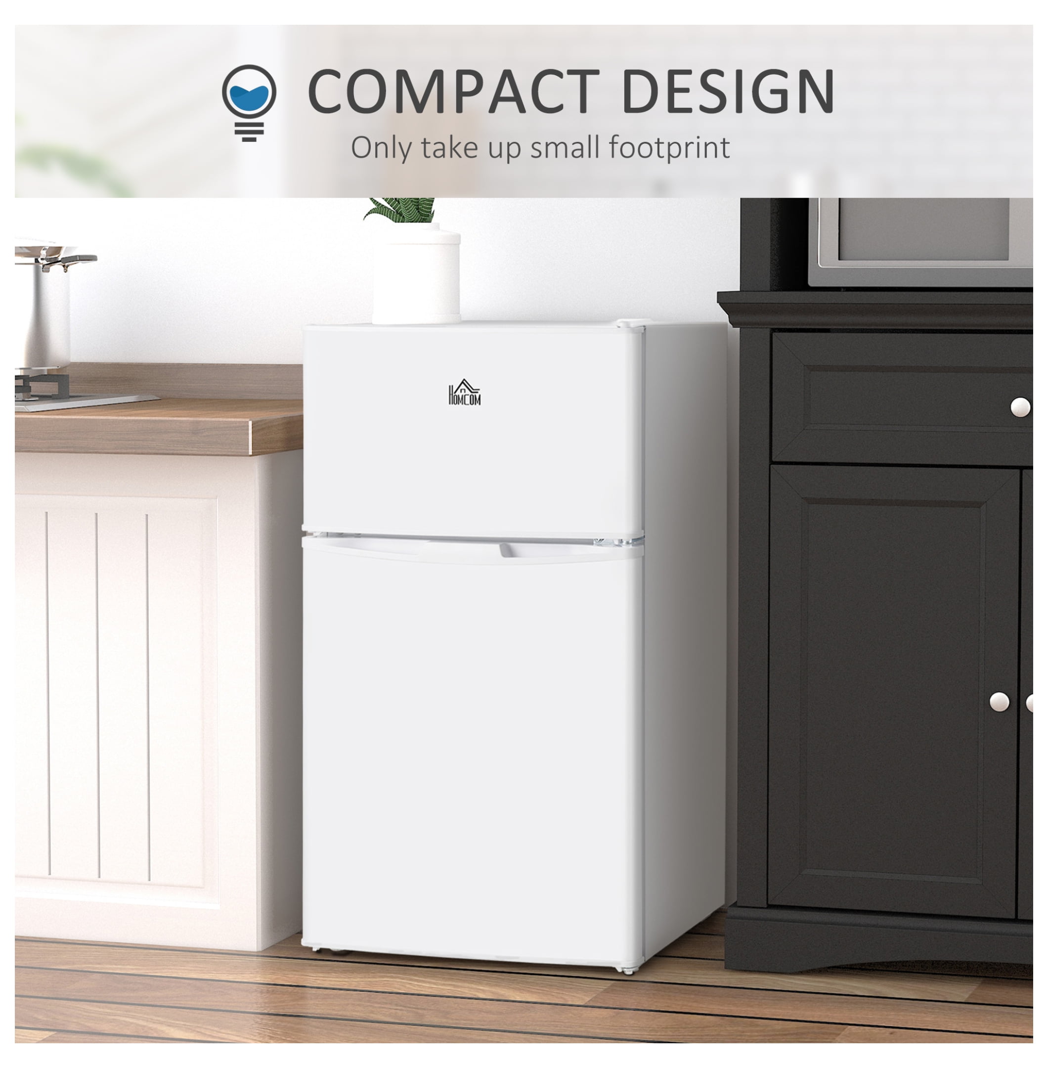 Double Door Mini Fridge with Freezer, 3.2 Cu.Ft Compact Refrigerator with Adjustable Shelf, Adjustable Thermostat and Reversible Door for Bedroom, Dorm, Home Office, White