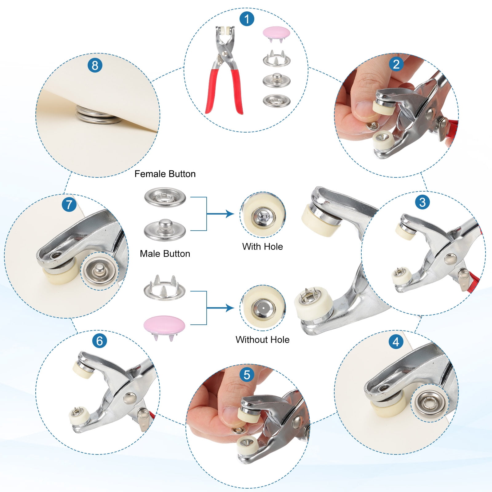 Uxcell 200Set Metal Snap Button Kit 10mm Solid Prong Snap Buttons with Fastener Pliers for Sewing Fabric Leather Clothing Rain Coat Diapers Bibs Crafting, White