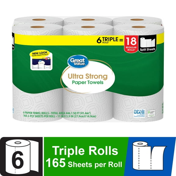 Great Value Ultra Strong Paper Towels, 6 Triple Rolls