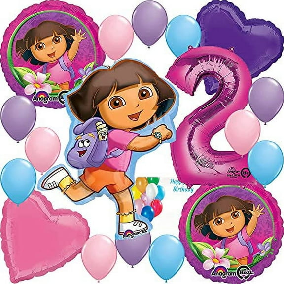Amscan Dora Birthday Party Supplies Decorations Balloon Bundle with Dora Character Mylar's, Large Dora Mylar, Heart Mylar's, Large Pink Number 2 and Latex Balloons (8 Items)