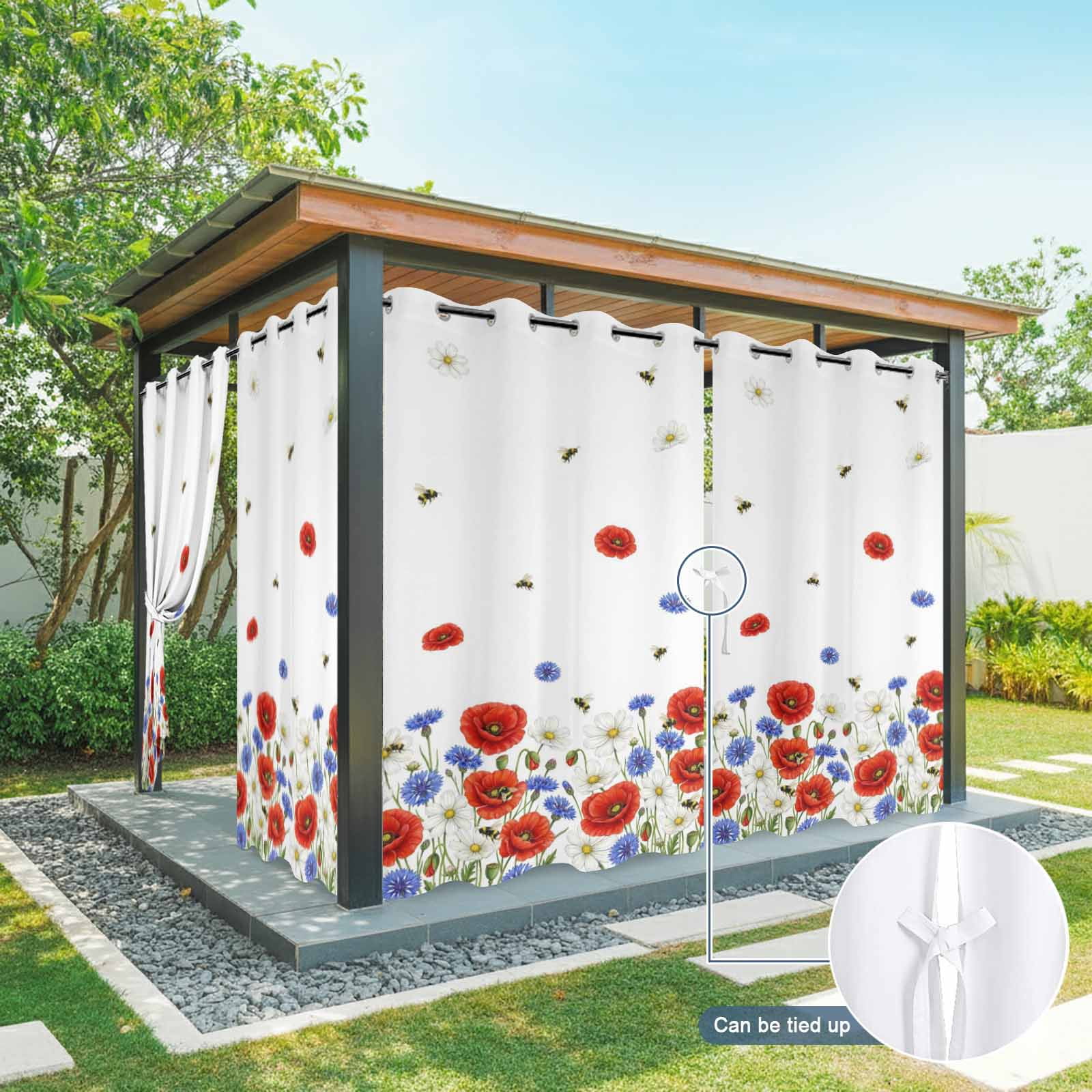 Independence Day Outdoor Curtains for Patio, Watercolor Red Blue White Daisy Cute Bee Sunshade Privacy Drapes Grommet Waterproof Outside Curtains for Porch/Cabana/Balcony 54"x 108", 1 Panel