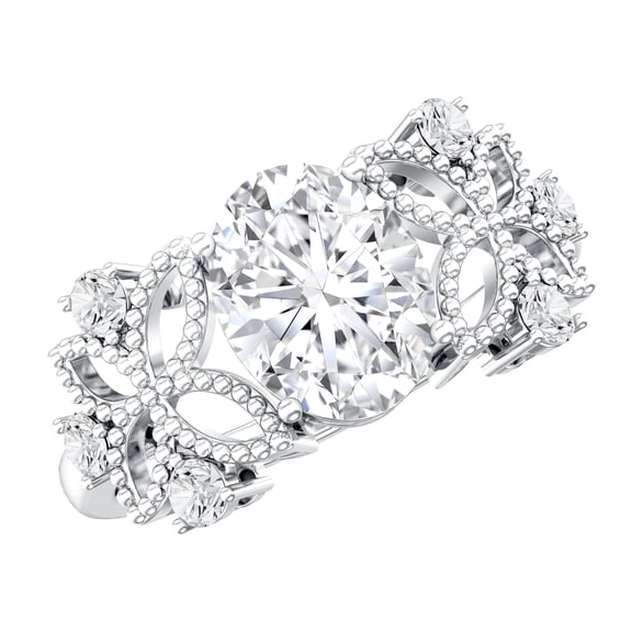 Rosec Jewels Lab Grown Diamond Flower Engagement Ring - 6X8 mm Oval Diamond Ring - EF-VS Grade, 925 Sterling Silver, US 4.00