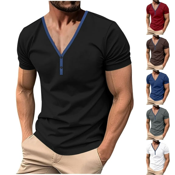 Jinhomg Mens Casual Shirt 2025 Fashion Button Vacation T-Shirts Lightweight Comfy Long Sleeve Deep V-Neck Tops Spring Summer Tees Black XXL