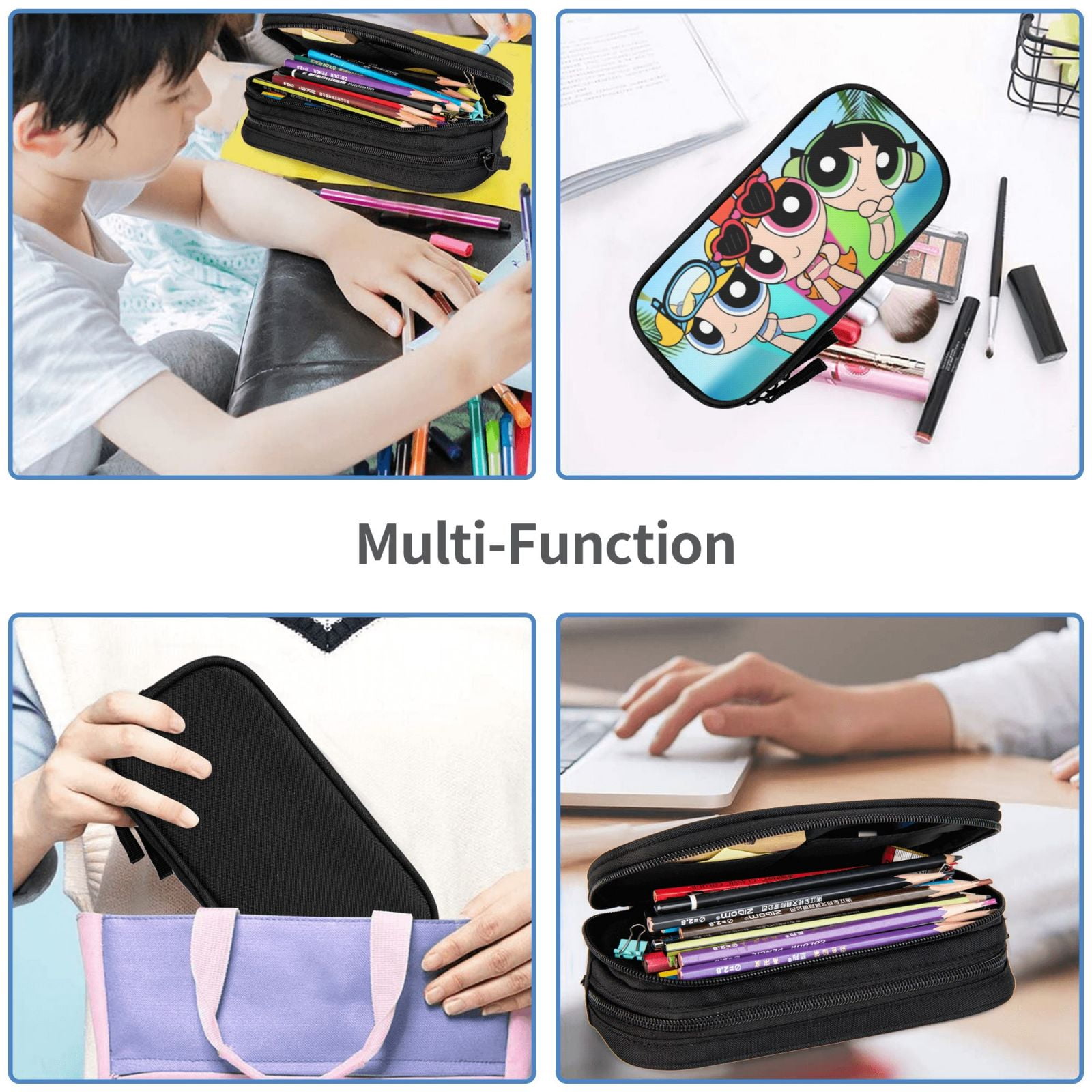 The Powerpuff Gi-rls Pencil Case Large Capacity Pencil Pouch Penbag Office Stationery Organizer Travel Makeup Bag Black