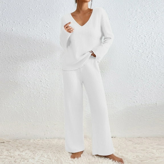 Long Sleeve Loungewear Set 2 Piece Knit Outfits for Women Loungewear Sweater Sets Long Sleeve V-Neck Tops and Wide Leg Pants Loose Casual Matching Set White L