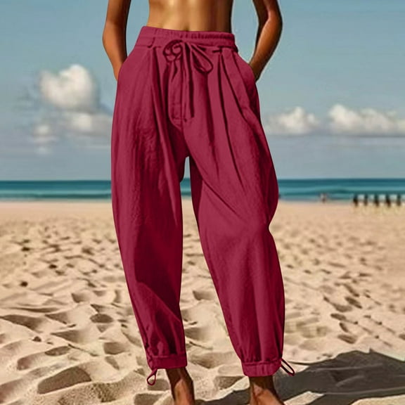 Nuoqisi Women's High Waisted Wide Leg Pants Elastic Drawstring Casual Flowy Loose Fitted Barrel Cuffed Pants with Pockets 2026