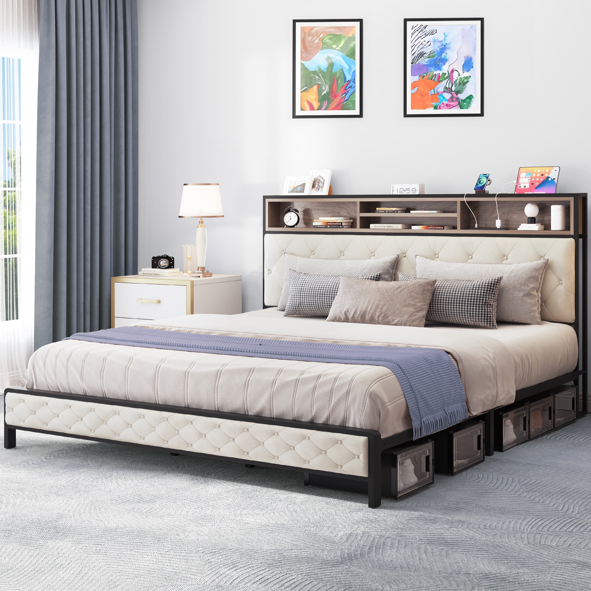 Uforic King Platform Bed Frame with Charging Station, Upholstered Headboard & Footboard, Storage Function, Requires No Box Spring for Adult