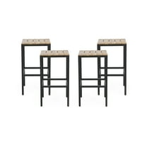 Alan Outdoor Modern Industrial Acacia Wood Bar Stools, Set of 4, Teak, Black