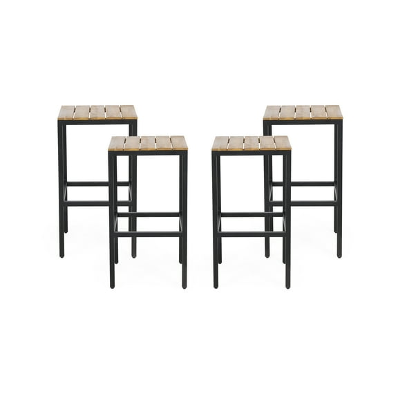 Alan Outdoor Modern Industrial Acacia Wood Bar Stools, Set of 4, Gray, Black