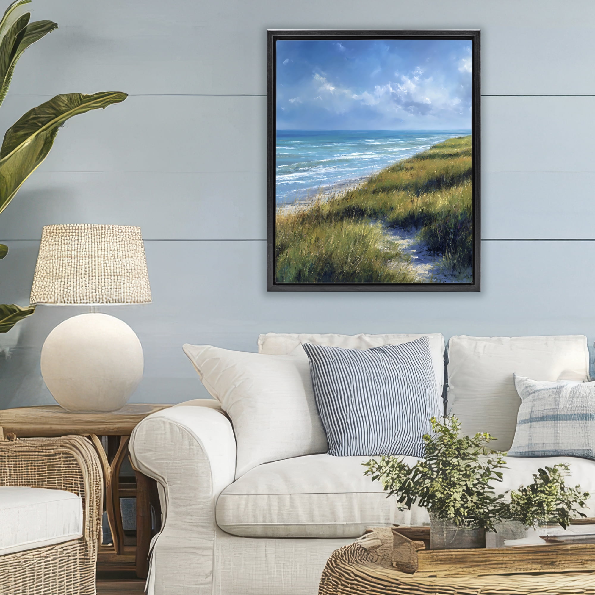 Stupell Industries Coastal Grass & Rolling Waves Black Framed Floater Canvas Wall Art, design by Franklyn Gregory