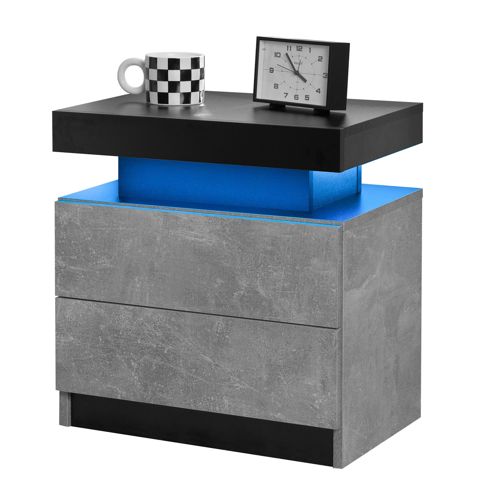 Leumius 2 Drawer Modern Nightstand with LED Light Small Bedside Tables End Side for Bedroom,Black+ Gray