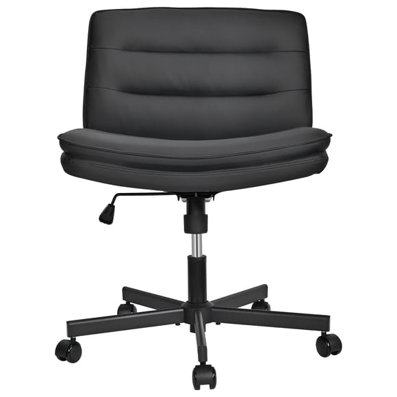 Wide Comfy PU Leather Desk Chair, Mid Back Criss Cross Legged Office Chair with Wheels and Padded Seat, Armless Adjustable Swivel Computer Task Chair for Study, Vanity, Makeup