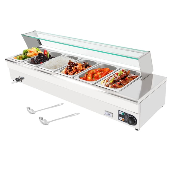 6 Pan Electric Food Warmer 1500 Watt Professional Countertop Stainless Steel 6 x 8 Quart Electric Steam Table Buffet Bain Marie 86-185°F Temperature Control for Catering and Restaurants