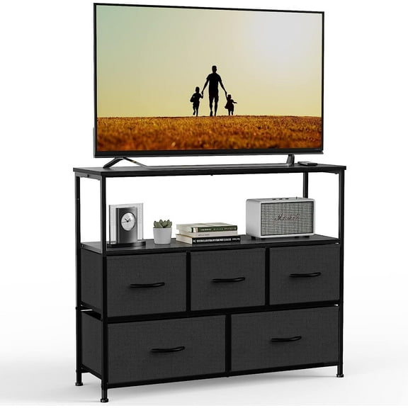 XYTREW Dresser TV Stand Entertainment Center with 5 Drawers - Media Console Table for TV, Storage Cabinet for Living Room, Bedroom, or Office-Black