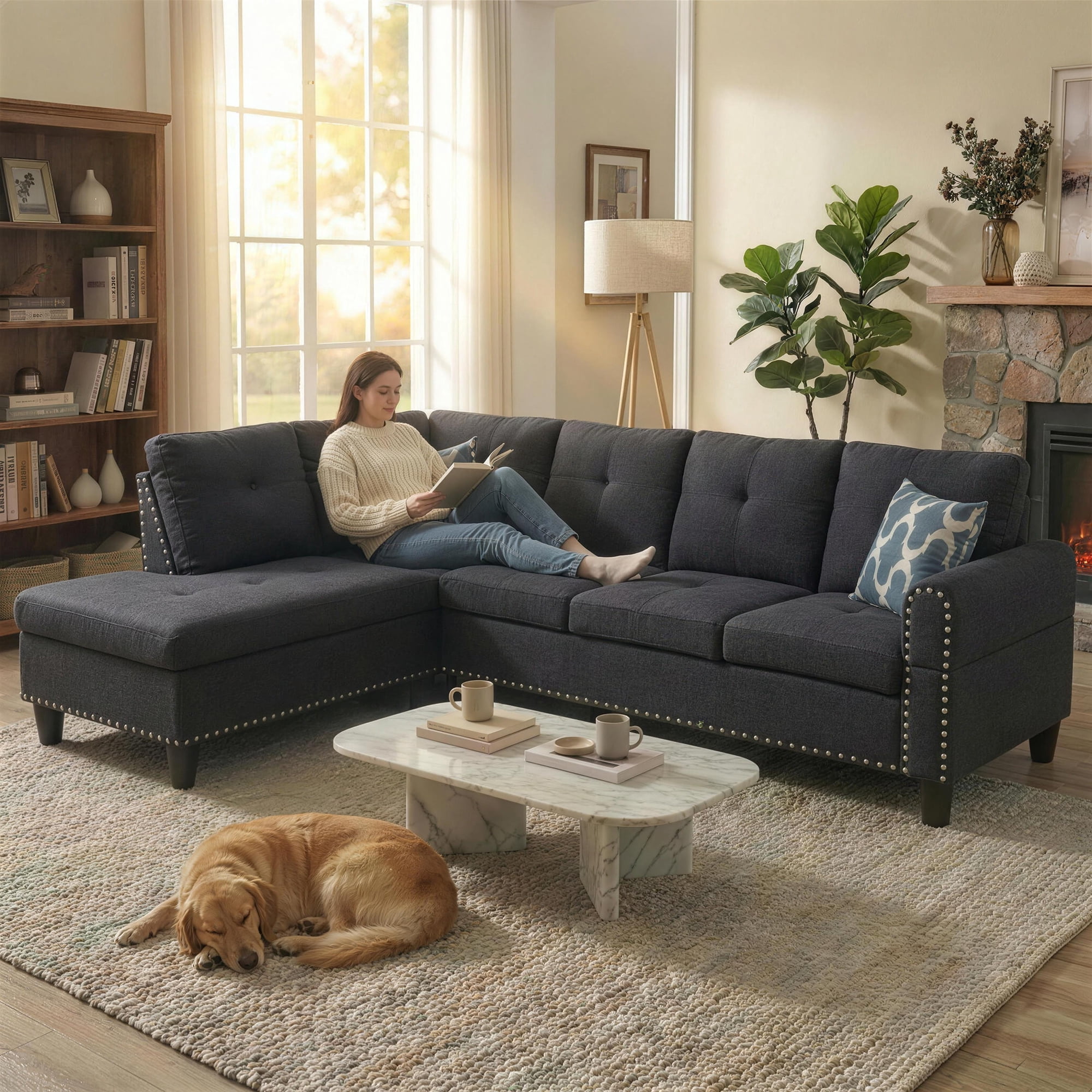 AENKYO 98" L-Shaped Upholstered Sectional Sofa Couch with Storage & Cup Holders, Faux Leather Living Room Sofa Set, Charcoal Gray