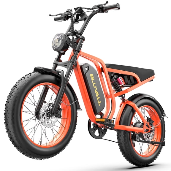 Bluvall Electric Bike, Peak 1500W 35MPH 20" Fat Tire E-Mountain Bikes, 52V 20Ah Ebike for Adults, Full Suspension Hydraulic Brakes UL2849 - Orange