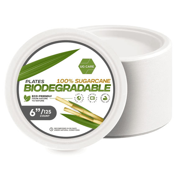 GOODSZON 6-Inch Round Bagasse Plates, 125 Count Disposable Paper Plates for Parties, Weddings, Birthdays