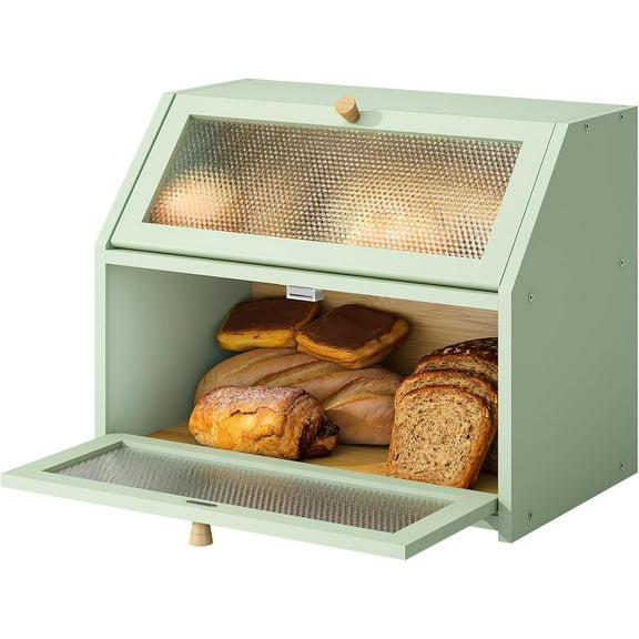 Bread Box for Kitchen Countertop Bin Double Layer Bread Box Storage Container Extra Large Capacity Farmhouse with Diamond Pattern Windows (Green, Large)