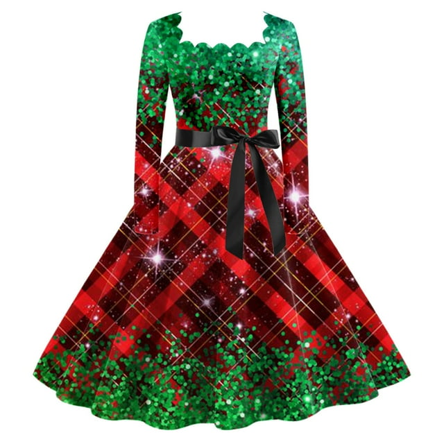 Robe de Thé Classique de Noël pour Femmes Manches Longues Robe de Soirée avec Ceinture