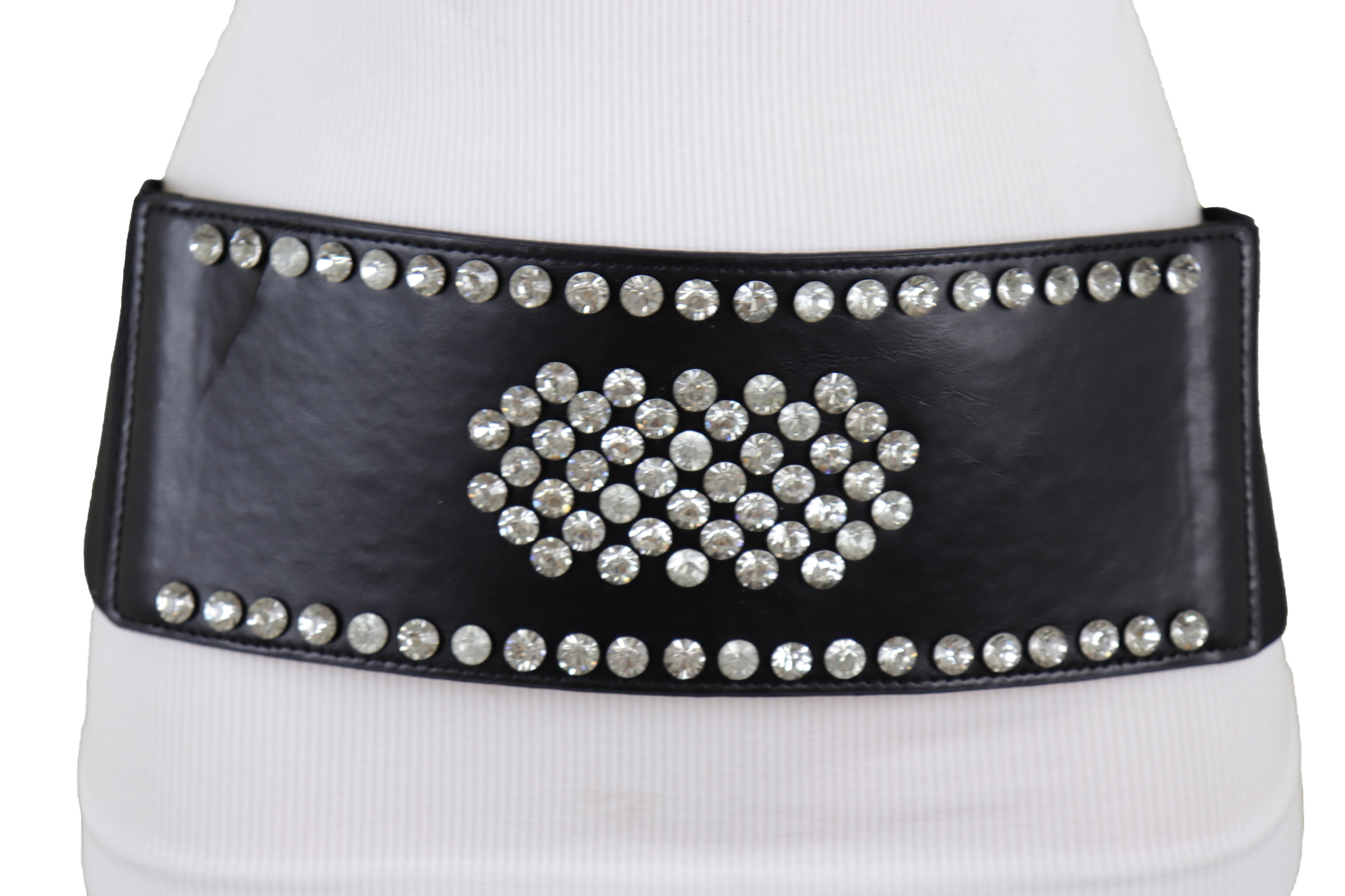 Women Black Elastic Wide Fashion Belt Silver Buckle Size S M 