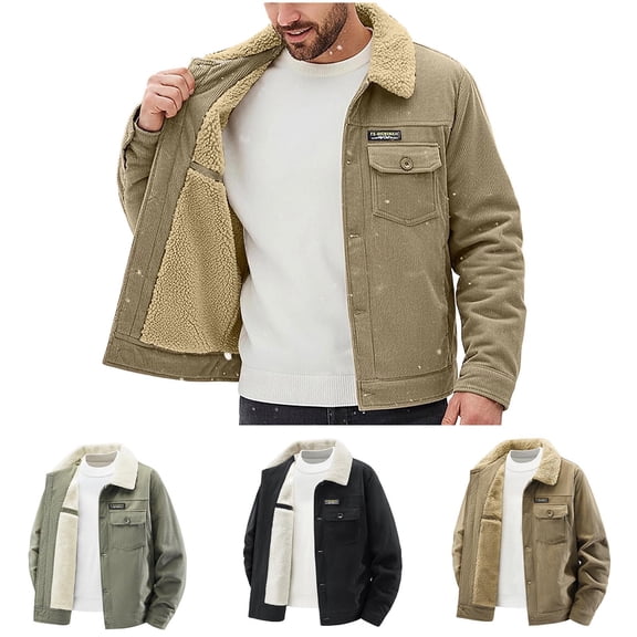 Zedker Men's Winter Coat Thick Thermal Cotton Warm Fleece Lined Coat Trucker Lapel Work Cargo Coats for Men Green L