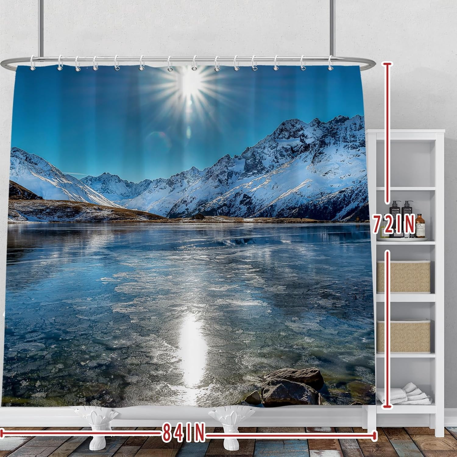 Snow Moutain Lake Bath Curtains Shower with Hooks Nature View Winter Bathroom Shower Curtain Set 84x72 Inch Sunshine Frozen River Decorative Bath Set Waterproof Fabric Bath Curtain with Hooks