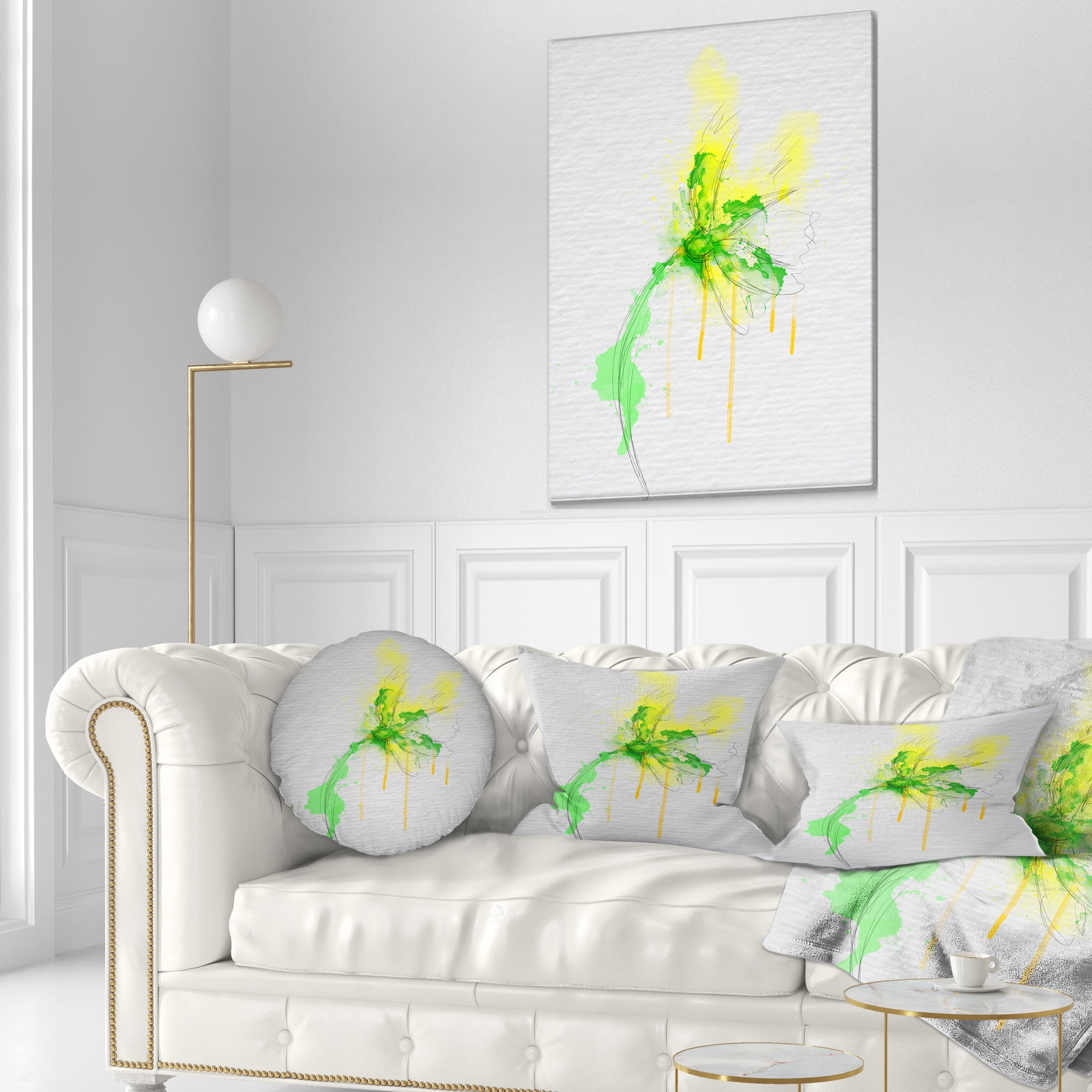 Designart Beautiful Yellow Green Flower Sketch - Floral Throw Pillow - 12x20