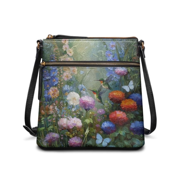 Tutolipy Hummingbird Floral Art Crossbody Bag, Waterproof Women's Shoulder Bag PU Leather Durable Zipper Closure Purse Satchel for Travel Dating