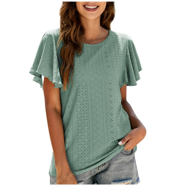 Hauts pour Femmes Couleur Unie Col Rond Manches à Volants T-shirt Blouse Tunique de Plage Vêtements d'Été pour Femmes
