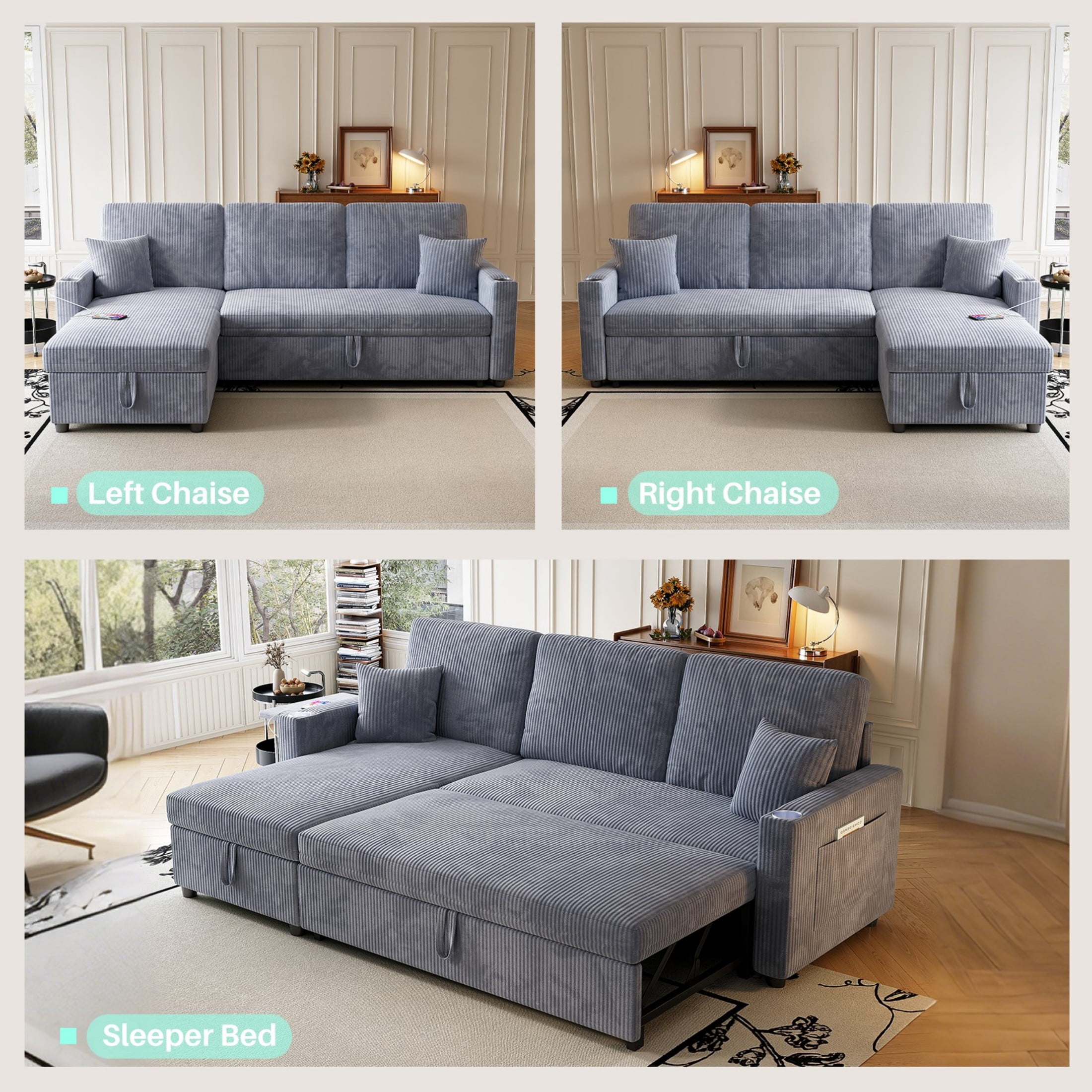 Sleeper Sectional Sofa, 83" Convertible Sofa Bed with Pull Out Couches, Small Desktop, L Shaped Couch with Reversible Chaise, Cup Holders, USB, Modern Corduroy Sofas for Living Room Apartment, Grey
