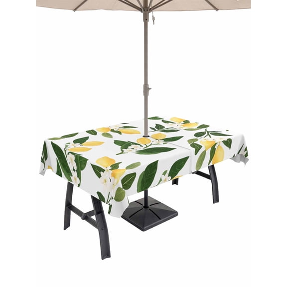Outdoor Tablecloth with Umbrella Hole for Patio/Picnic/Party/Camping, Lemons Leaves Waterproof Table Cloth Rectangle Table Cover Washable, Summer Fruits Floral Botanical (54"x 80")