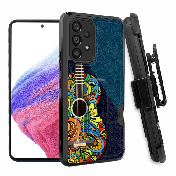 ANJ  Rugged Shockproof Hoster Case w/Card Slot, Kickstand   Tempered Glass Cover for Samsung Galaxy A33 5G - Paisley Guitar