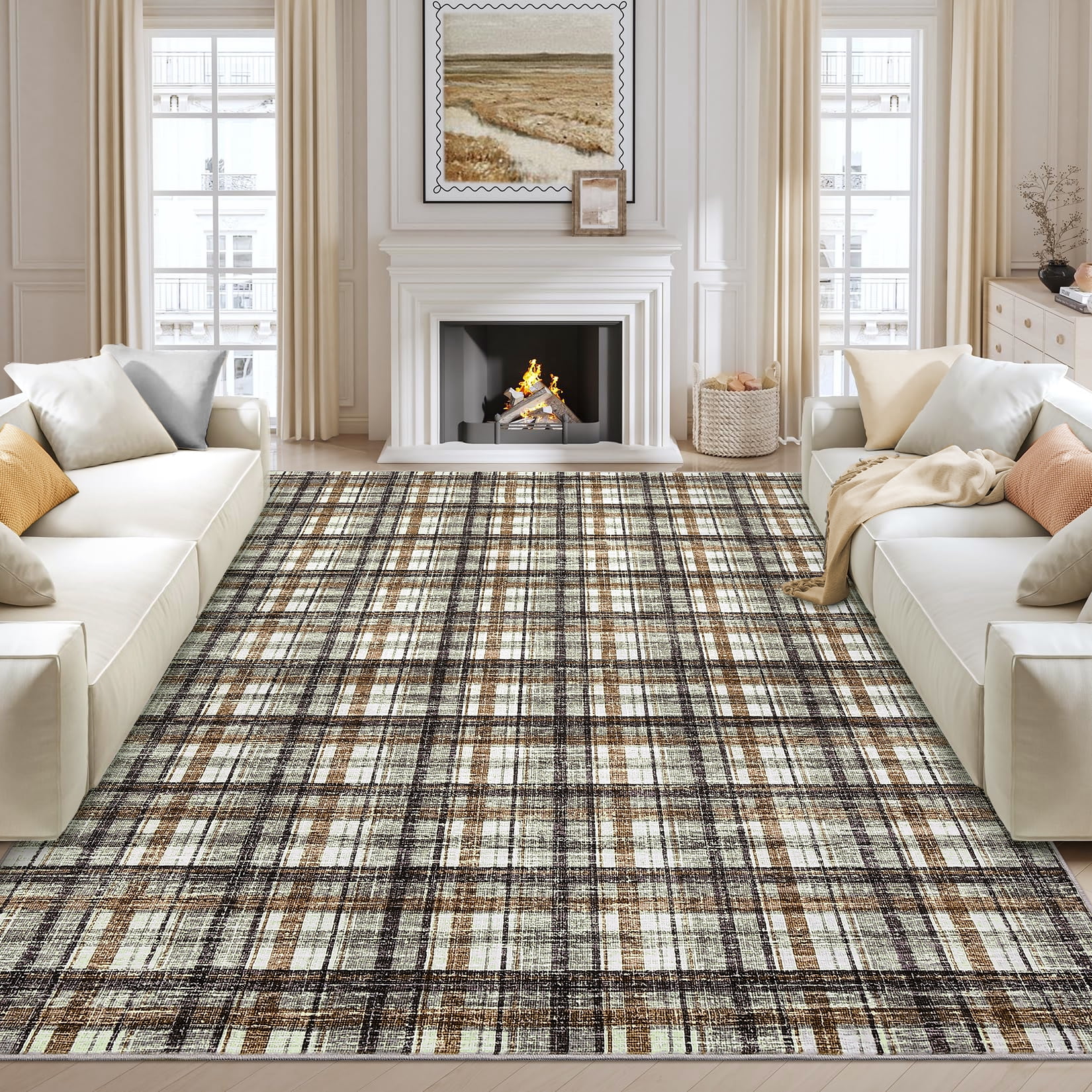 Garvee 5x7 Geometric Striped Area Rug Living Room Rug, Machine Washable Plaid Rugs With Non-Slip Backing Low Pile Stain Resistant Indoor Carpet for Bedroom Dining Room Home Office, Coffee
