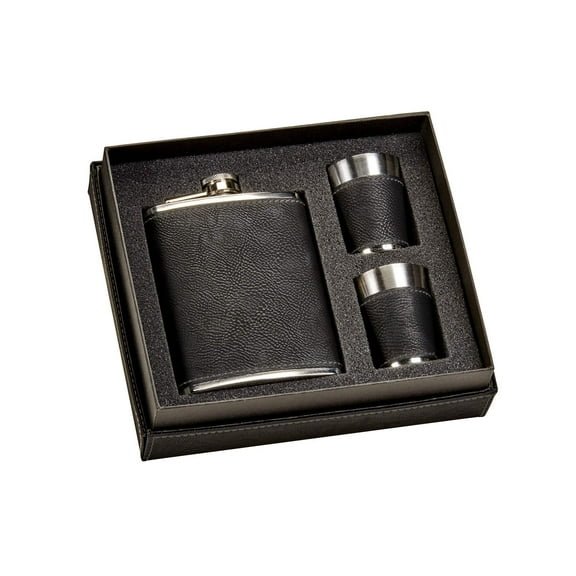 Leatherette Boxed Flask Set, 8 Oz Flask And 2 Shot Glasses, Black