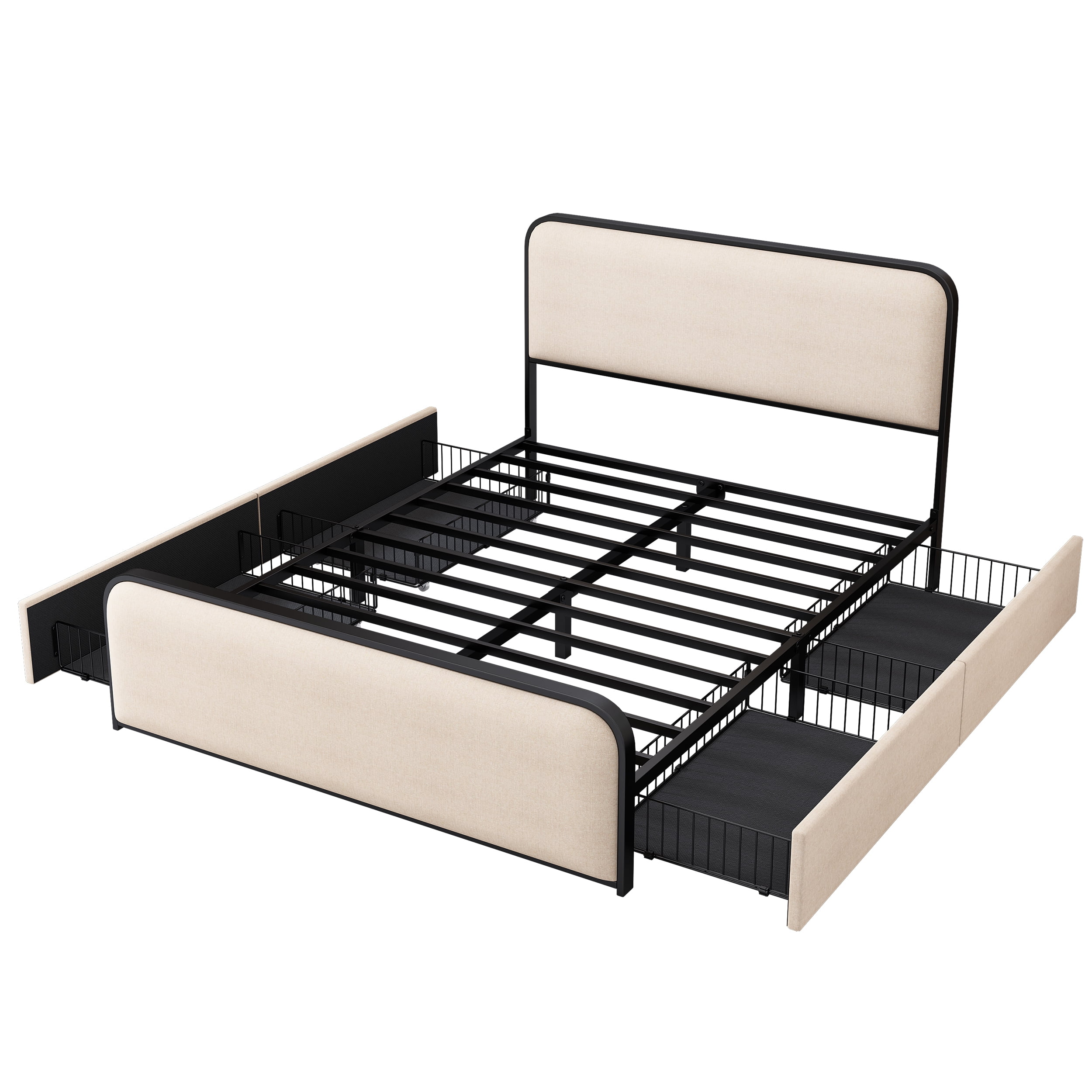 MAYEERTY King Metal Bed Frame Curved Upholstered Headboard 4 Drawers for Bedroom Beige