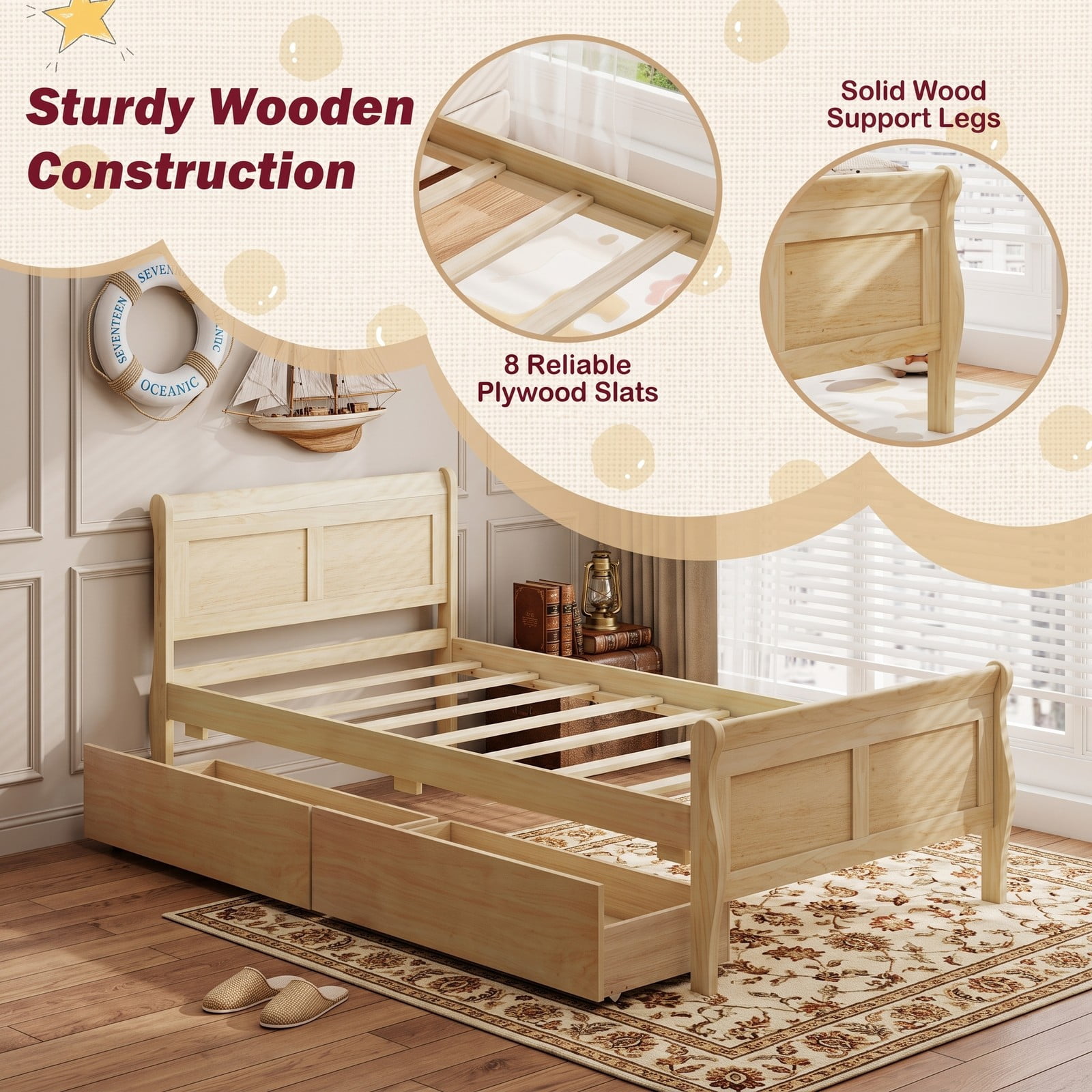 Furnibear Twin Bed Frame with 2 Storage Drawers, Wood Sleigh Platform Bed Frame with Storage and Curved Headboard for Kids Room and Bedroom, Natural