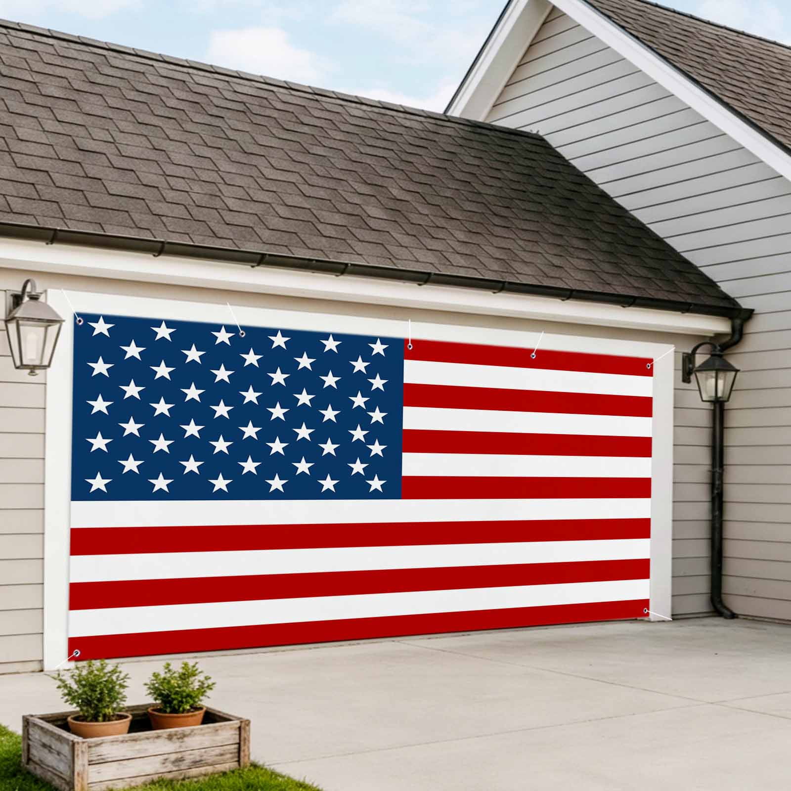 American Flag Garage Door Cover Banner 7 x 16 FT, Blue Red USA Flag Garage Door Curtains Backdrop with Grommets for Indoor Outdoor Wall Party Porch Yard Decorations Background