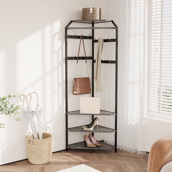 Corner Coat Rack with Shoe Bench – Space-Saving Entryway Hall Tree, 6 Double Hooks & Storage Shelf (20" x 20" x 71")