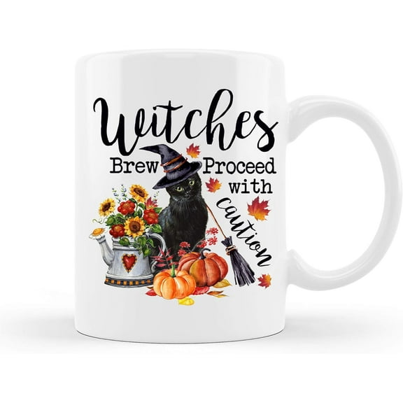 Witches Brew Proceed with Caution Halloween Ceramic Coffee Mug, Customized Size 11oz - 15oz, Halloween Coffee Mug Gift (White, Custom)