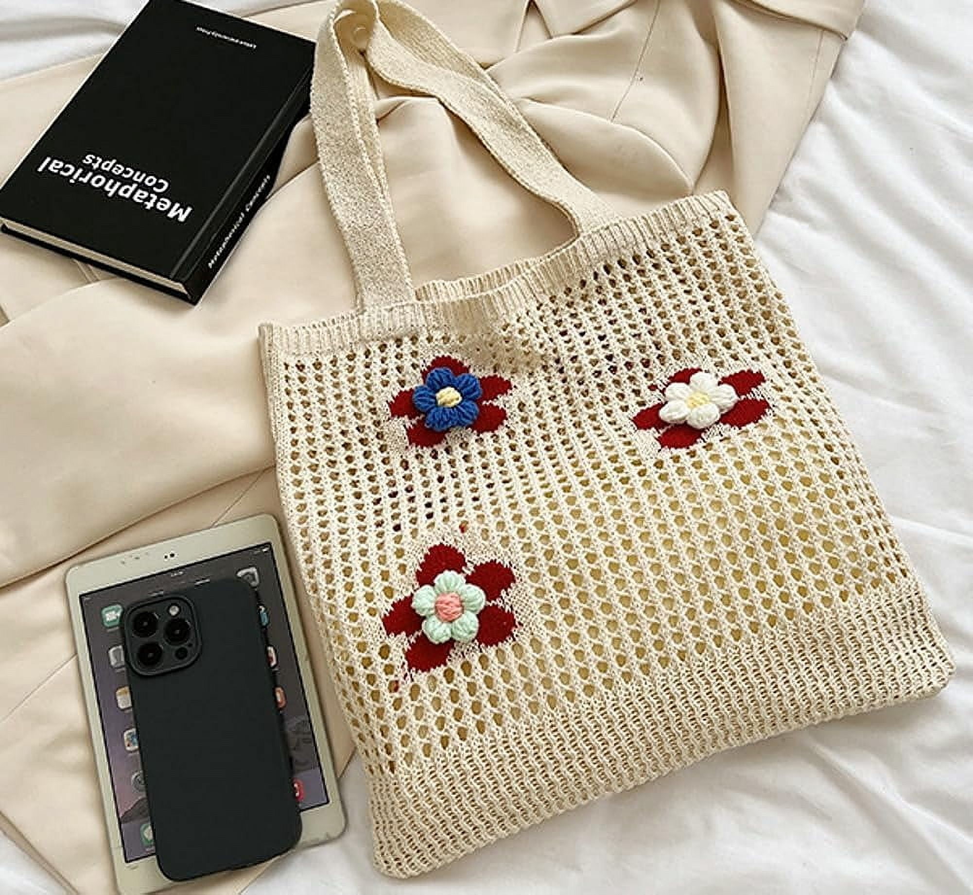 Kukuzhu Women Handmade Crochet Tote Bag Y2k Purse Cute Aesthetic Shoulder Bag Knitted Hobo Bag Mesh Beach Bag