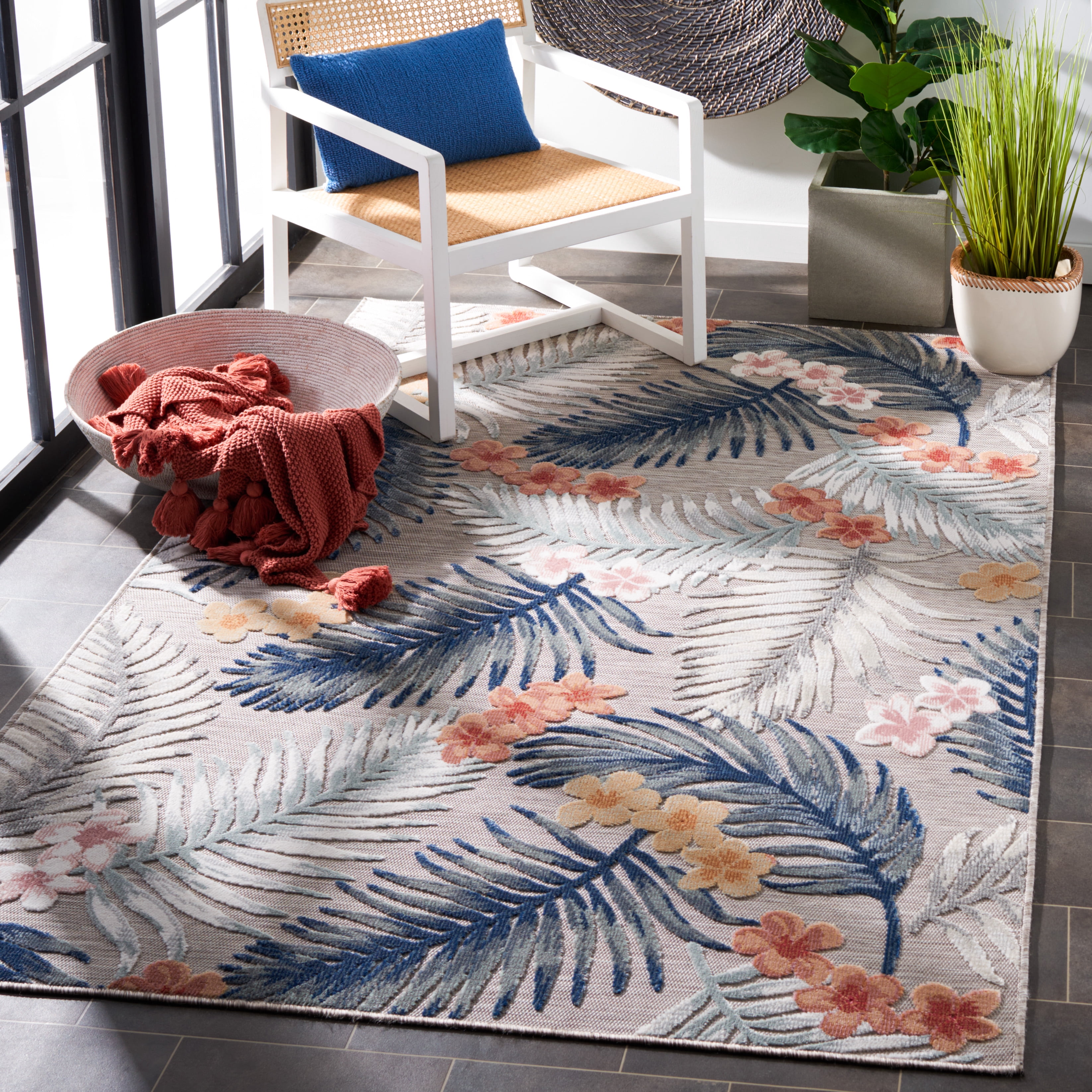 SAFAVIEH Cabana Kade Botanical Indoor/Outdoor Area Rug, Grey/Navy, 6'5" x 9'6"