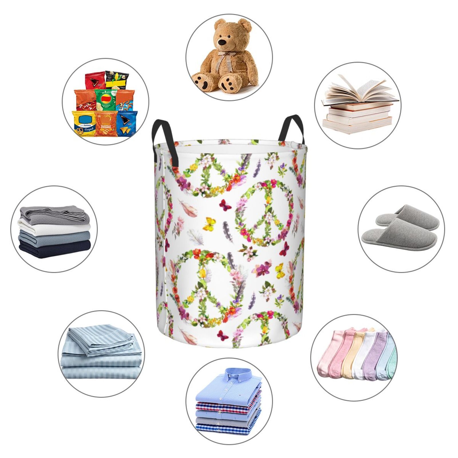 Large Laundry Basket with Handles - Peace sign flower butterfly feather boho Kids Baby Dirty Clothes Laundry Hamper for Bedroom Aesthetic