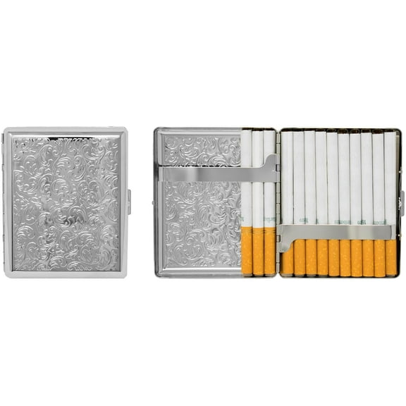 Set of 2 Metal-Plated 100s Cigarette Case & Stash Box (Silver Victorian Print)
